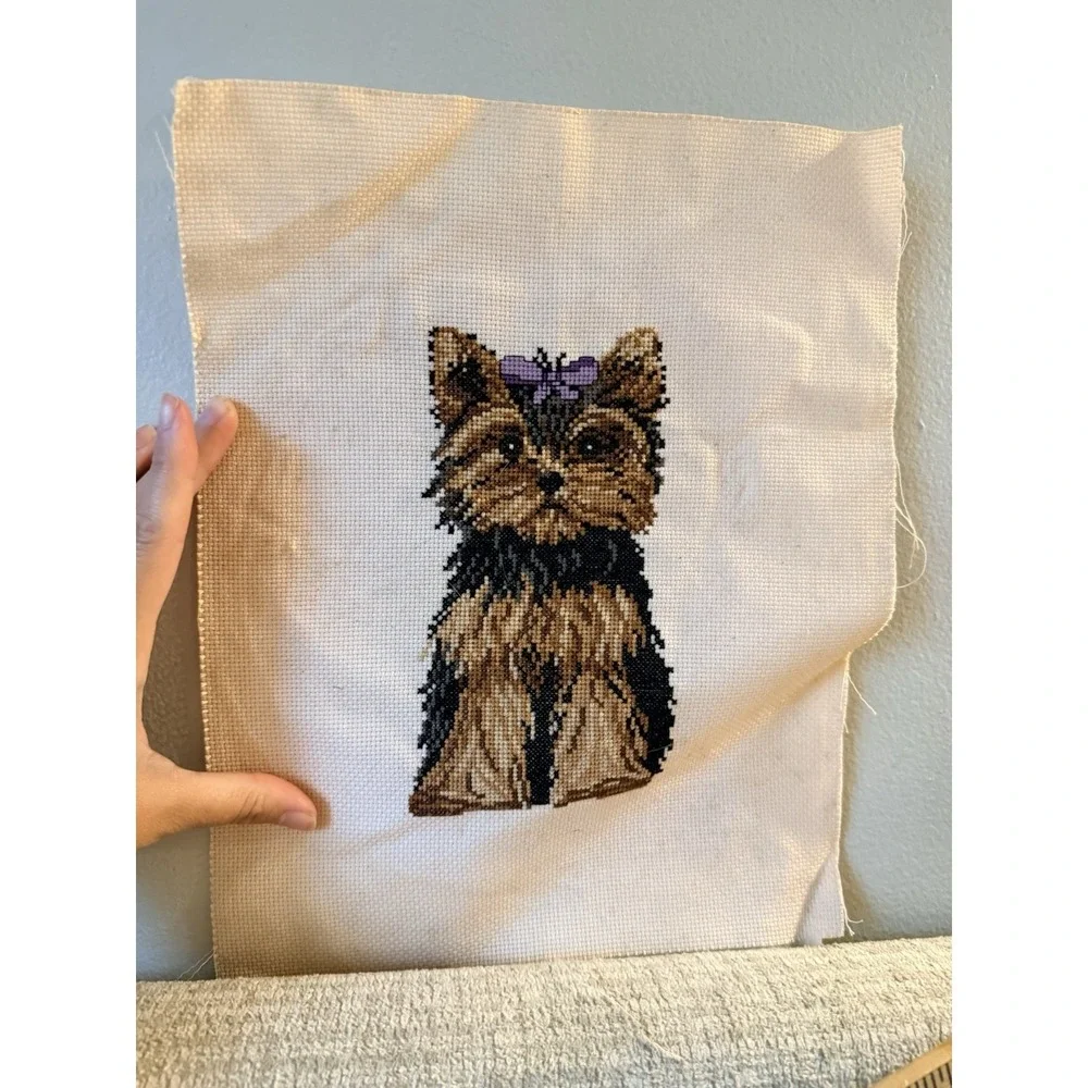 Vintage Complete Counted Cross Stitch Yorkshire Terrier Bow Dog Puppy Yorkie